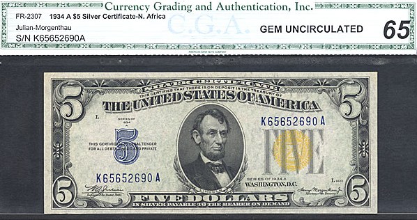 image for: Fr.2307 1934A $5 North Africa CGA Gem CU65  [K65652690A]