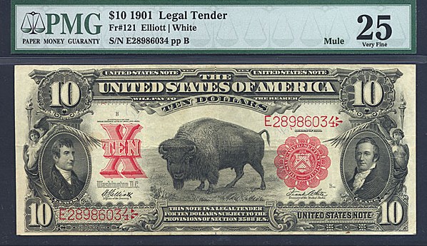 image for: Fr.121 1901 $10 Bison PMG VF25  [E28986034] Mule - John Burke Back Plate #332