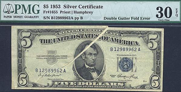 image for: Fr.1655 1953 $5 Blue Seal and Serial Numbers PMG VF30 EPQ [B12989962] *Error -Double Gutter Fold* 