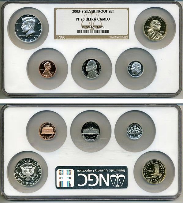 image for: 2003-S Silver 1c -- $1 Proof Set (5 coins) Multi-Coin Holder NGC Proof 70 UCameo