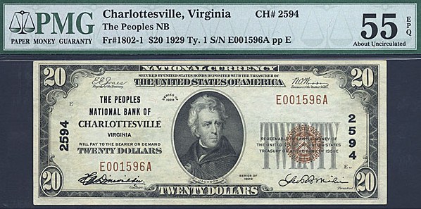 image for: Fr.1802-1 1929 $20  PMG AU55 EPQ #2594 Virginia [E001596A]