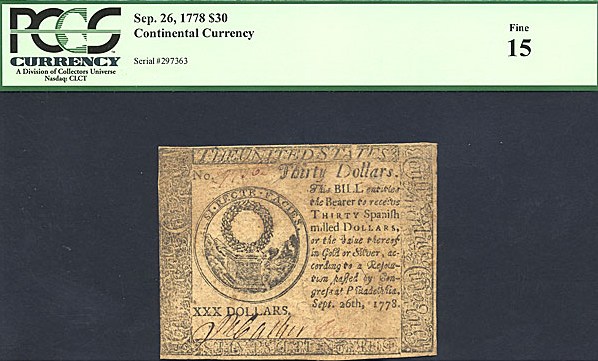 image for: Continental Currency: Fr.CC83 1778 $30 September 26 PCGS F15  [297363]