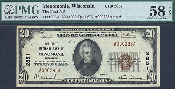 image for: Fr.1802-1 1929 $20  PMG AU58 EPQ #2851 Wisconsin [A000298A]