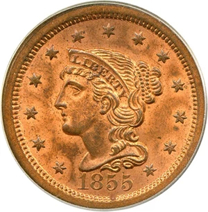 image for: 1855 1c Upright 55 PCGS/CAC MS65 RB