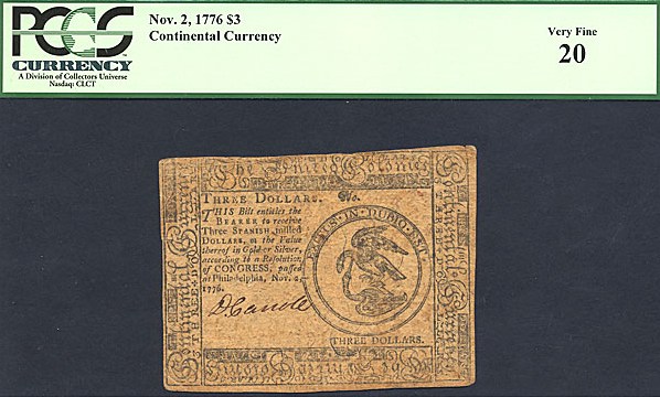 image for: Continental Congress: Fr.CC48 1776 $3 2-Nov PCGS VF20