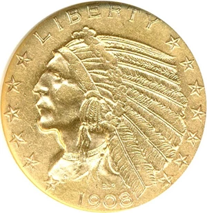image for: 1908-D $5 ANACS AU55