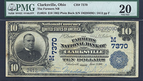 image for: 1902 $10 Farmers NB of Clarksville, OH  PMG VF20 (Fr.624, Charter #7370, Plain Back)