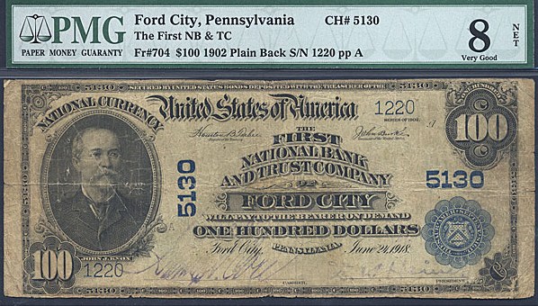 image for: Fr.704 1902 $100 Third Charter Period, 3rd Issue, Plain Back PMG Net VG8 #5130 Pennsylvania [1220] 