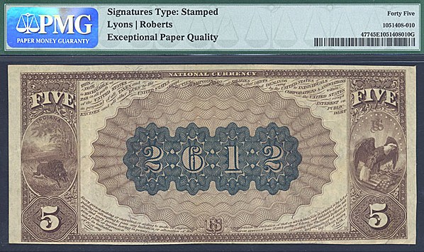 image for: Fr.477 1882 $5 2nd Charter Period, 1st Issue, Brown Back PMG XF45 EPQ #2612 Indiana [3030]