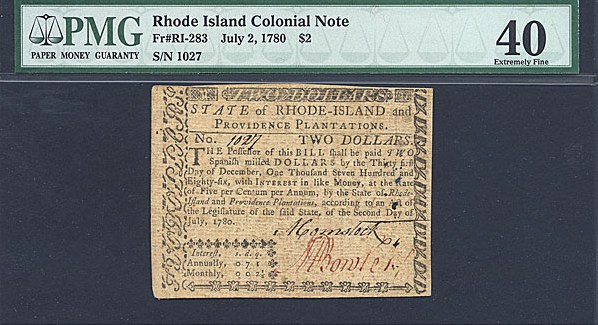 image for: Rh. Island: Fr.RI283 1780 $2 2-Jul PMG XF40  [1027]