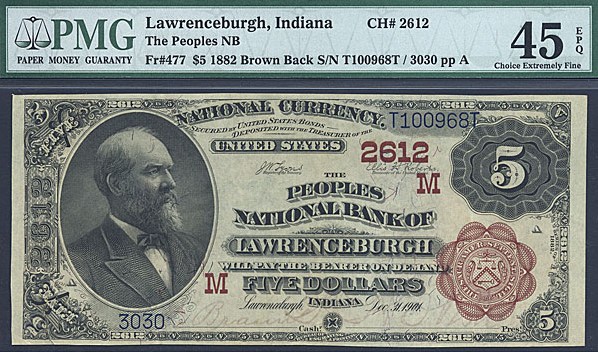 image for: Fr.477 1882 $5 2nd Charter Period, 1st Issue, Brown Back PMG XF45 EPQ #2612 Indiana [3030]