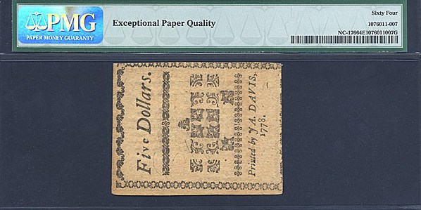 image for: North Carolina: Fr.NC176 1778 $5 8-Aug PMG Choice CU64 EPQ [33704]