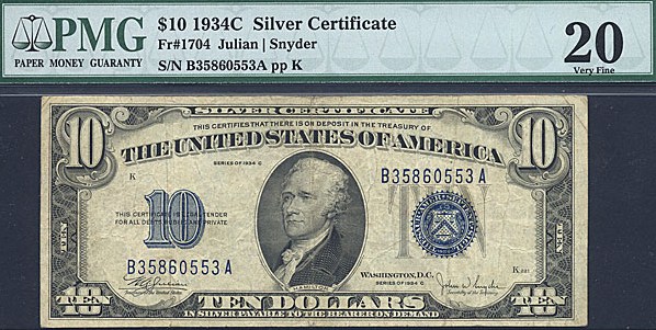 image for: Fr.1704 1934C $10  PMG VF20  [B35860553A]