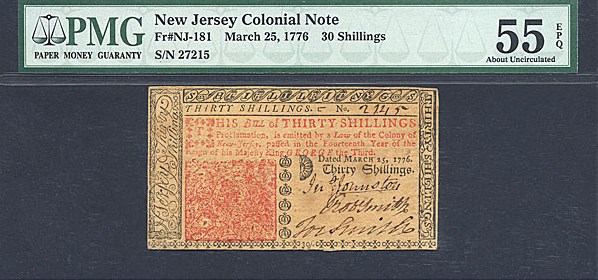 image for: New Jersey: Fr.NJ181 1776 30s 25-Mar PMG AU55 EPQ [27215]