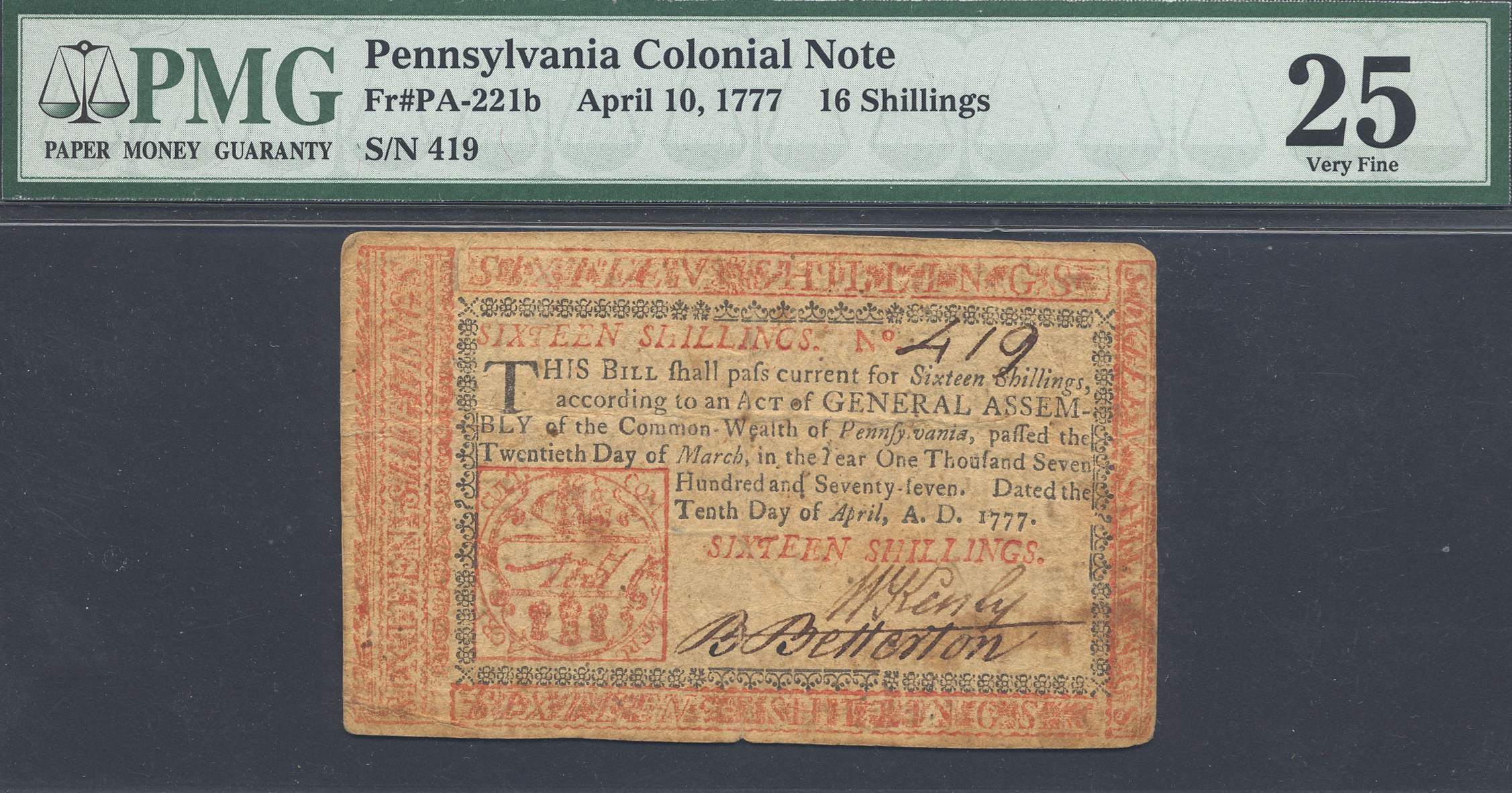 image for: Pennsylvania: Fr.PA221b 1777 16s 10-Apr PMG VF25  [419]