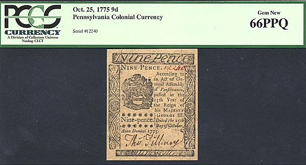 image for: Pennsylvania: Fr.PA185 1775 9d 25-Oct PCGS Gem CU66 PPQ [12240]