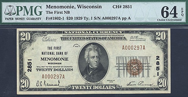 image for: Fr.1802-1 1929 $20  PMG Choice CU64 #2851 Wisconsin [A000297A]