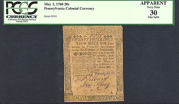 image for: Pennsylvania: Fr.PA112 1760 20s 1-May PCGS Apparent VF30  [5581] *Edge Splits*