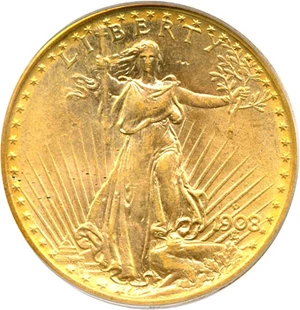 image for: 1908-D $20 No Motto PCGS MS64