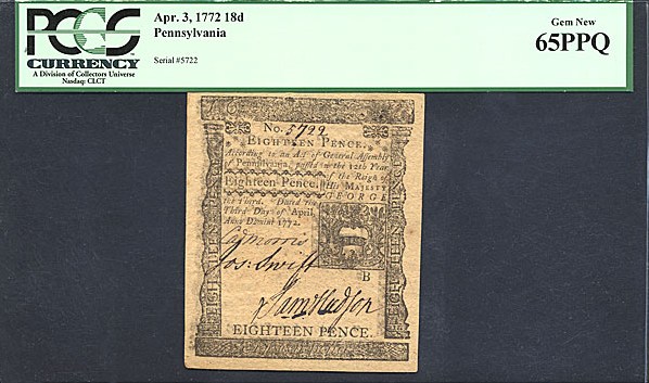 image for: Pennsylvania: Fr.PA155 1772 18d 3-Apr PCGS Gem CU65 PPQ [5722]