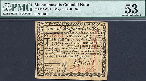 image for: Massachussetts: Fr.MA285 1780 $20 5-May PMG AU53  [3133] *Interest Paid One Year Stamp*