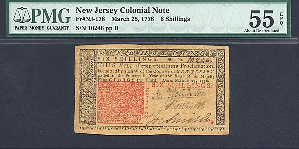 image for: New Jersey: Fr.NJ178 1776 6s 25-Mar PMG AU55 EPQ [10246]
