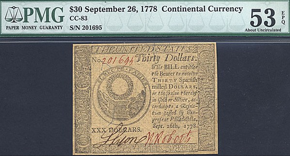 image for: Continental Currency: Fr.CC83 1778 $30 September 26 PMG AU53 EPQ [201695]