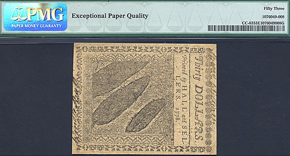 image for: Continental Currency: Fr.CC83 1778 $30 September 26 PMG AU53 EPQ [201695]