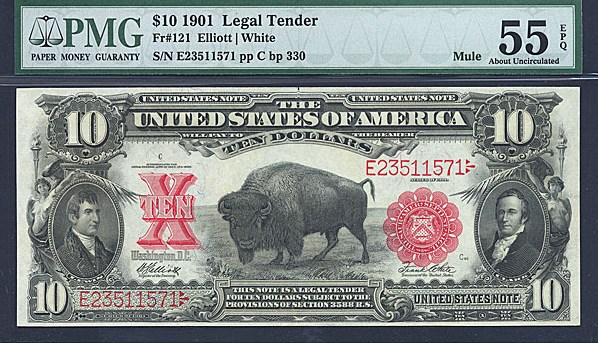 image for: Fr.121 1901 $10 Bison PMG AU55 EPQ  [E23511571] Mule - John Burke Back Plate #332