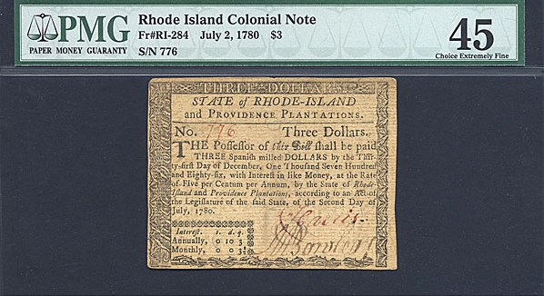 image for: Rh. Island: Fr.RI284 1780 $3 2-Jul PMG XF45  [776]