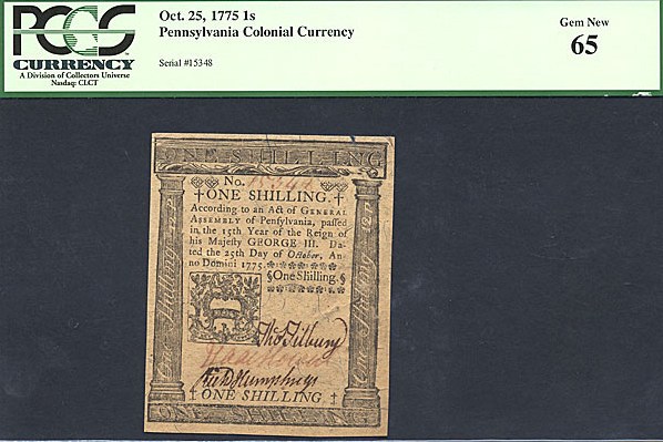 image for: Pennsylvania: Fr.PA186 1775 1s 25-Oct PCGS Gem CU65  [15348]