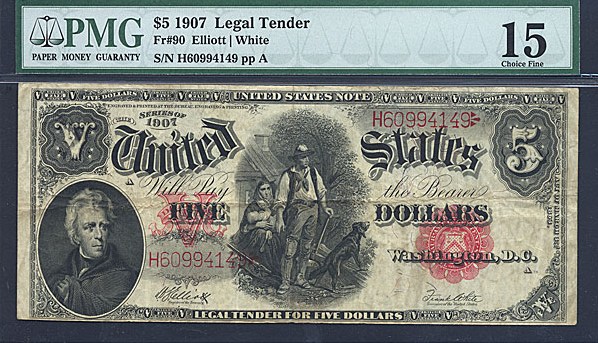 image for: Fr.90 1907 $5 Woodchopper PMG F15  [H60994149]