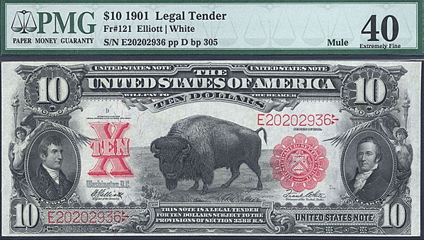image for: Fr.121 1901 $10 Bison PMG XF40 - Mule [E20202936]