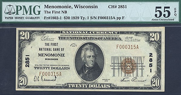 image for: Fr.1802-1 1929 $20  PMG AU55 EPQ #2851 Wisconsin [F000315A]