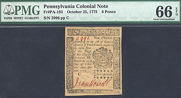 image for: Pennsylvania: Fr.PA184 1775 6d 25-Oct PMG Gem CU66  [3996]