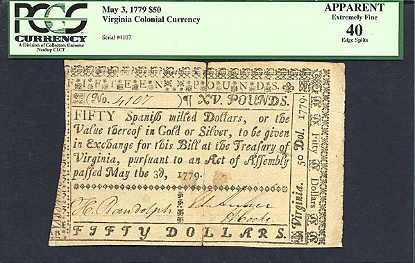 image for: Virginia: Fr.VA169 1779 $50 3-May PCGS Apparent XF40  [4107] - Edge Splits