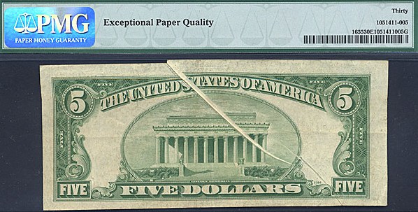 image for: Fr.1655 1953 $5 Blue Seal and Serial Numbers PMG VF30 EPQ [B12989962] *Error -Double Gutter Fold* 