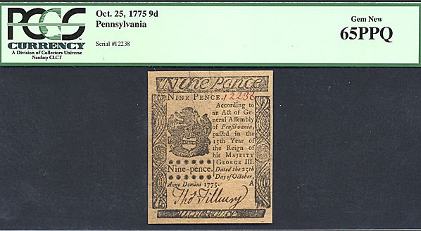 image for: Pennsylvania: Fr.PA185 1775 9d 25-Oct PCGS Gem CU65 PPQ [12238]