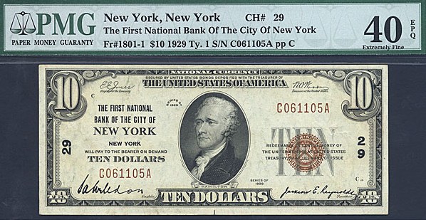 image for: Fr.1801-1 1929 $10 Type 1 PMG XF40 #29 New York [C061105A]