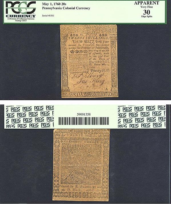 image for: Pennsylvania: Fr.PA112 1760 20s 1-May PCGS Apparent VF30  [5581] *Edge Splits*