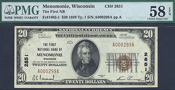 image for: Fr.1802-1 1929 $20  PMG AU58 EPQ #2851 Wisconsin [A000299A]