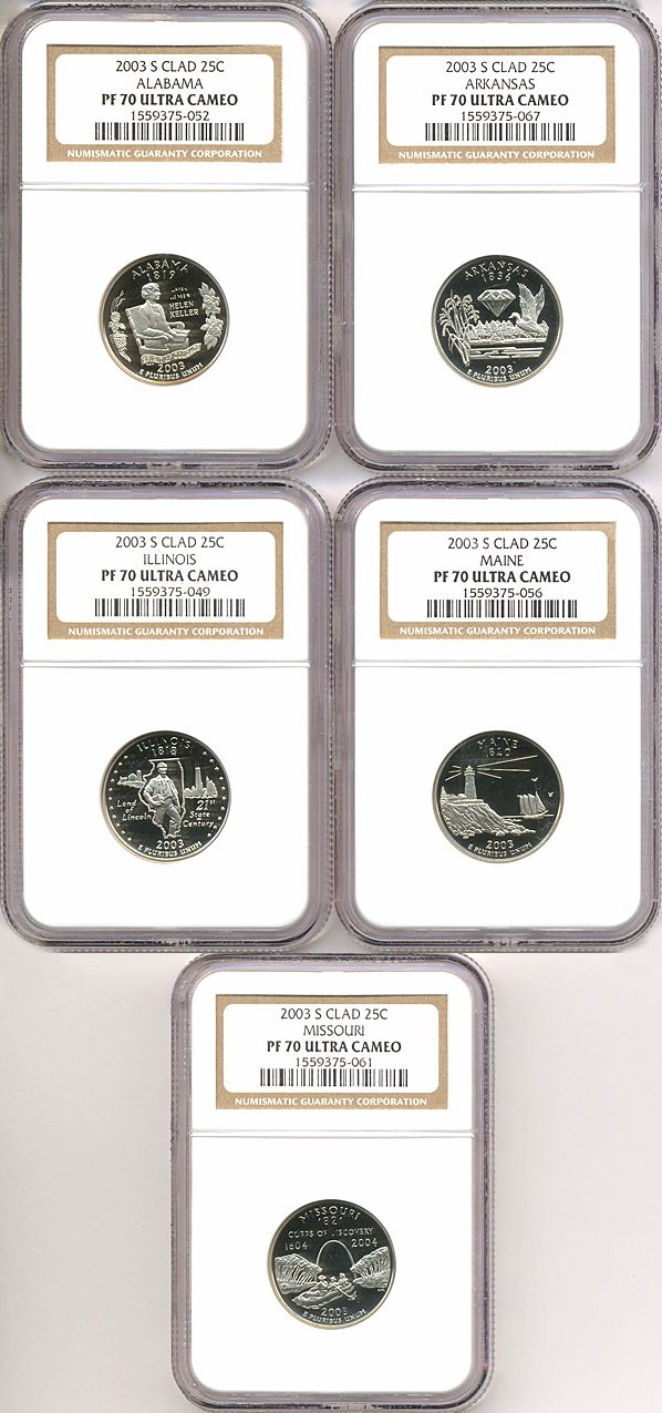 image for: 2003-S 25c State Quarters Proof Set - Clad (5 coins) NGC Proof 70 UCameo