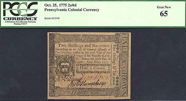 image for: Pennsylvania: Fr.PA188 1775 2s/6d 25-Oct PCGS Gem CU65  [15349]