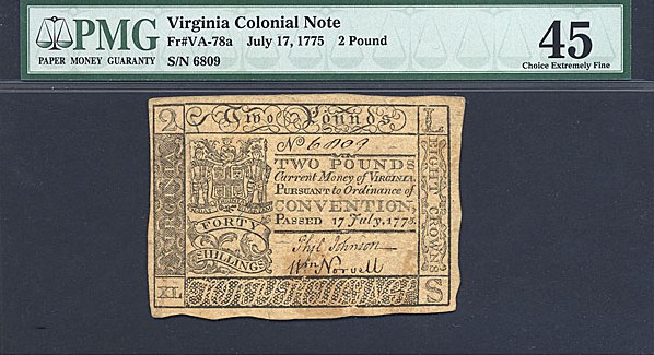 image for: Virginia: Fr.VA78a 1775 £2 17-Jul PMG XF45  [6809]