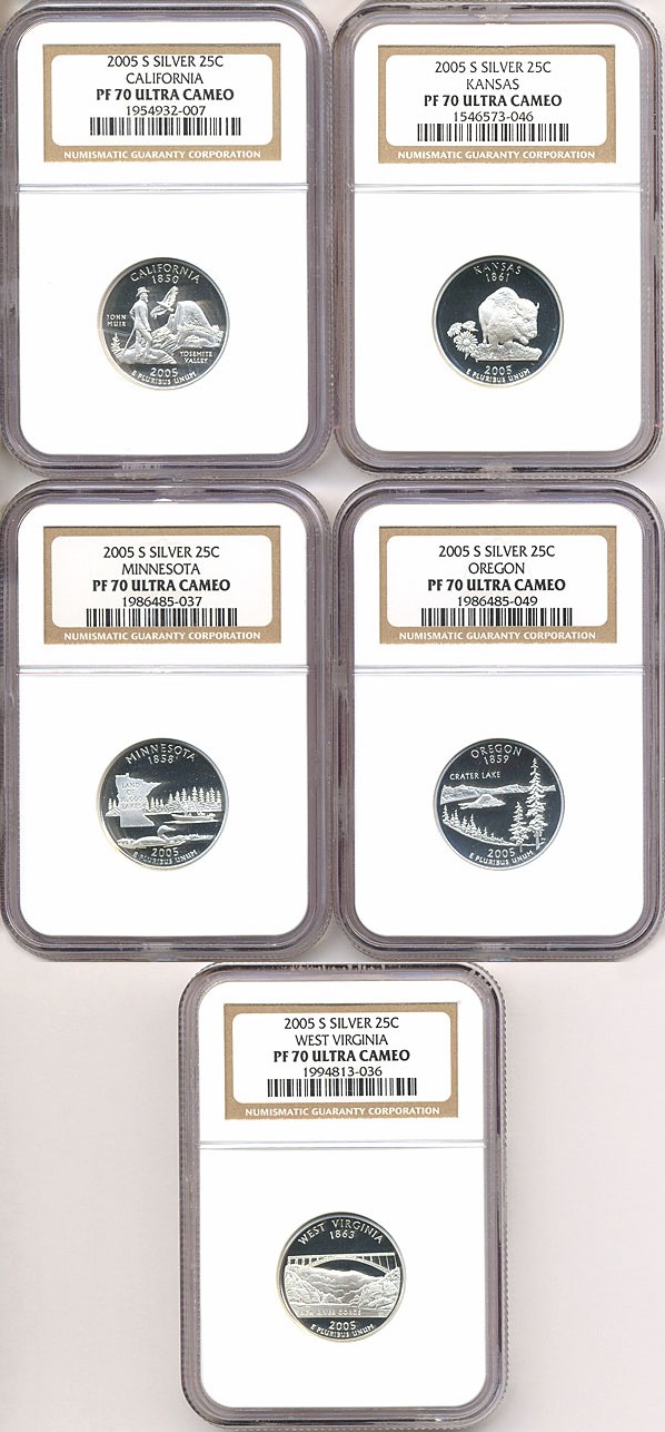 image for: 2005-S 25c State Quarters Proof Set - Silver (5 coins) NGC Proof 70 UCameo