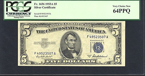 image for: Fr.1656 1953A $5  PCGS Choice CU64 PPQ [F49523507A]