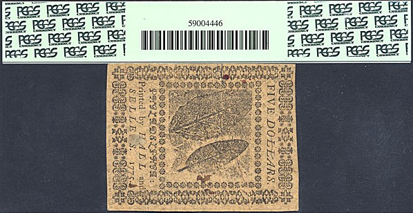 image for: Continental Currency: Fr.CC15 1775 $5 November 29 PCGS CU61  [117386]