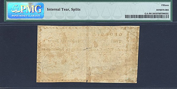 image for: Georgia: Fr.GA90 1777 $11  PMG F15  [782] - Internal Tear, Splits