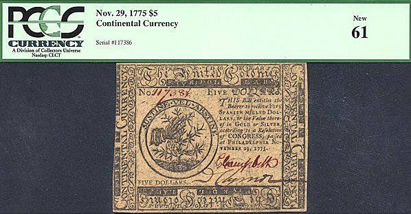 image for: Continental Currency: Fr.CC15 1775 $5 November 29 PCGS CU61  [117386]
