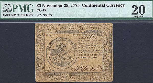 image for: Continental Currency: Fr.CC15 1775 $5 November 29 PMG VF20  [39695]